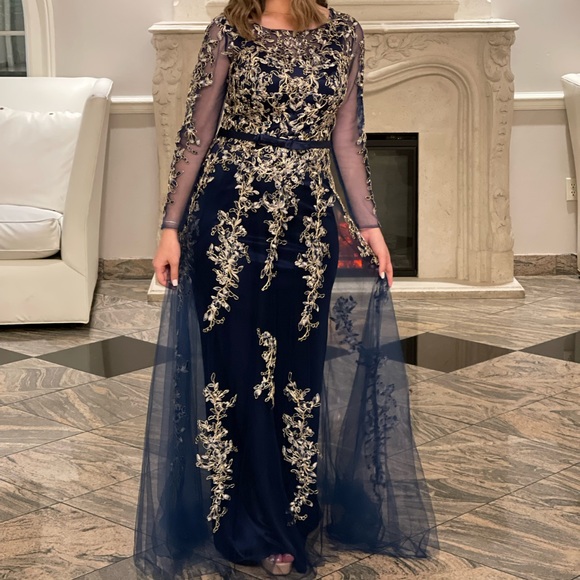 Beautifully embellished navy blue formal A-line dress - Picture 1 of 3